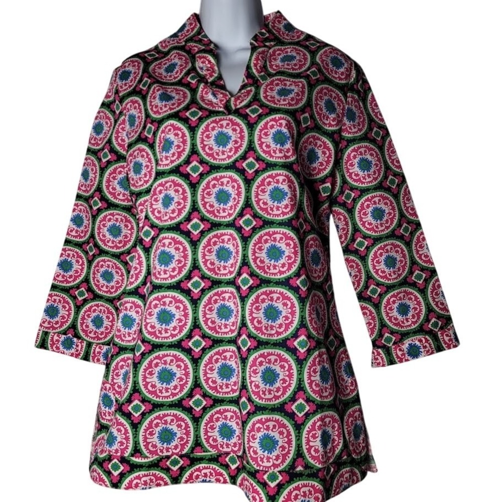 Golftini Pink Green Blue Batik Geometric Tunic‎ Top M 3/4 Sleeve Golf Preppy